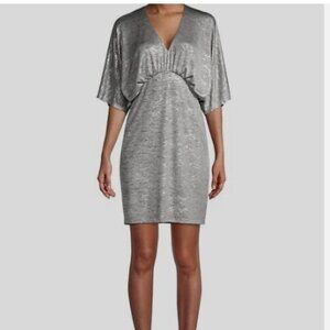 Aidan Mattox Silver Mini Dress Deep V-Neck Flowy Sleeves High Waist Size 2 Women